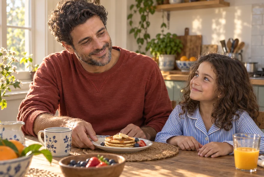 A fictional father and daughter at breakfast