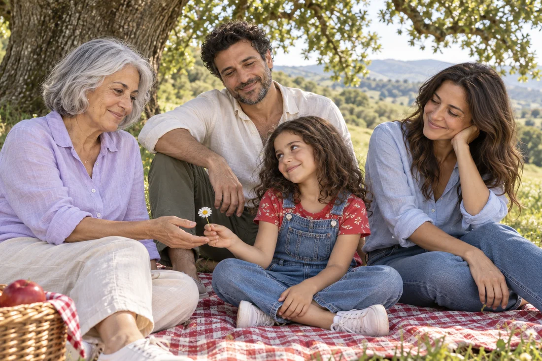 Three generations of a fictional family sharing a picnic