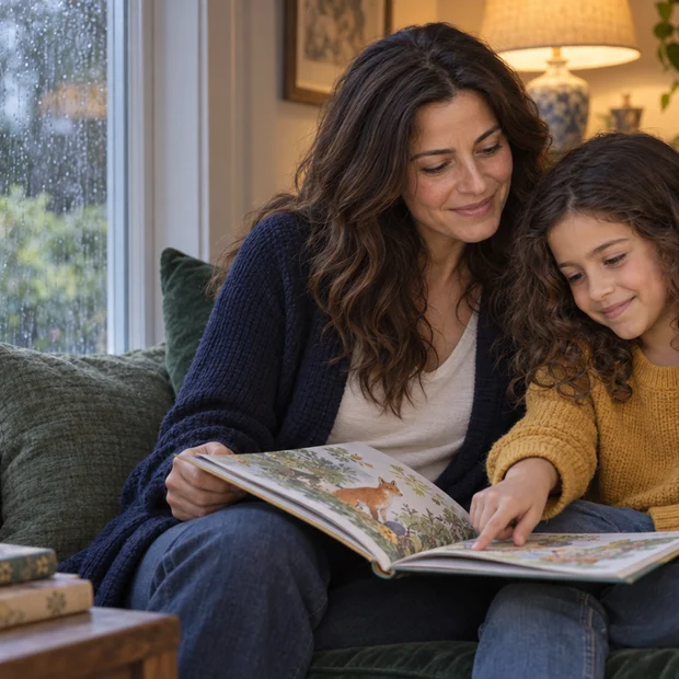 Fictional mother and daughter reading together
